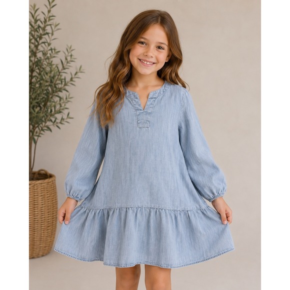 Vineyard Vines Other - Vineyard Vines Girls Light Blue Chambray Ruffle Drop Waist Dress Size M 10-12